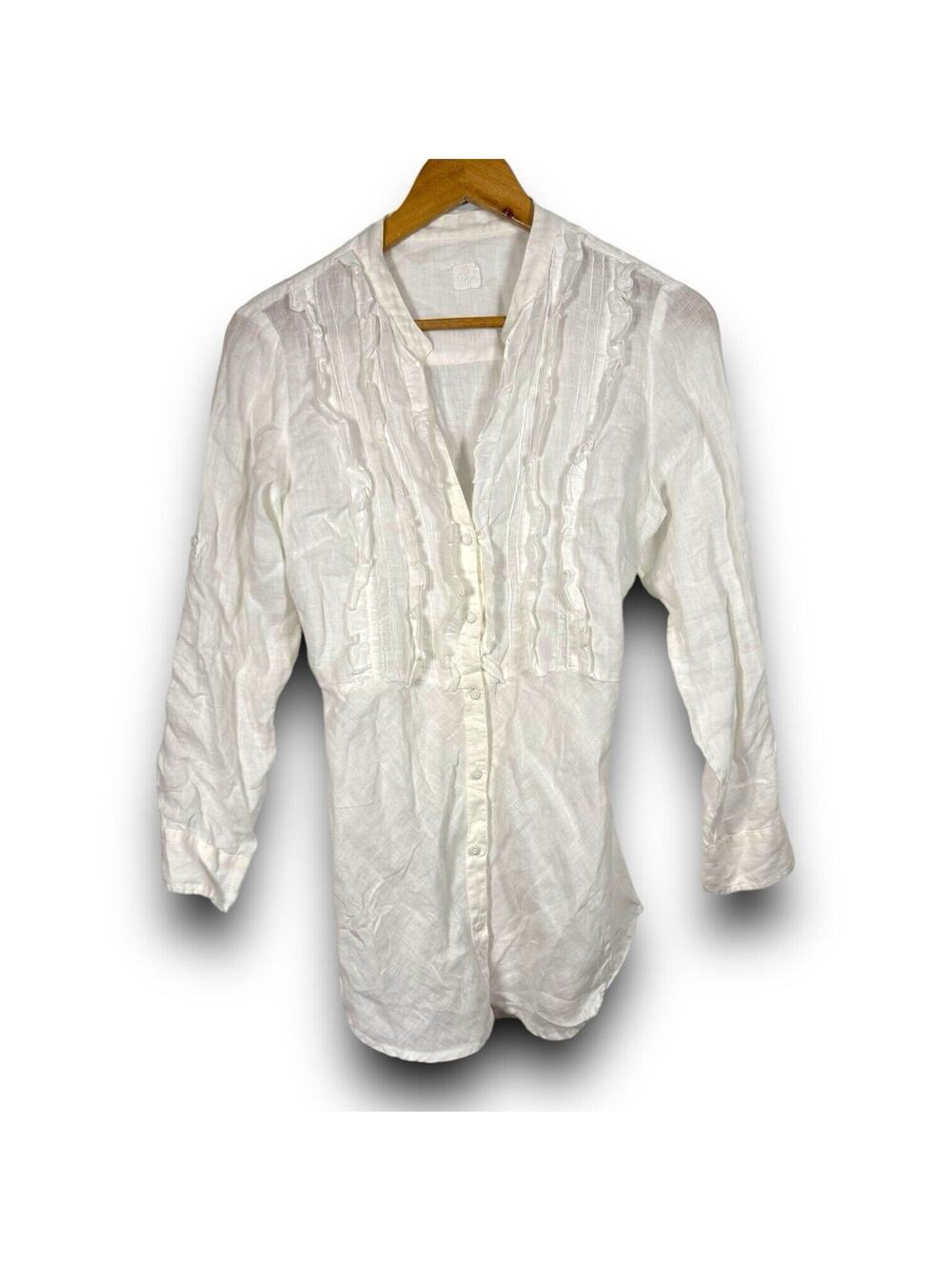 120% Lino Women’s White Ruffle Button Front Tunic Blouse Medium Roll-tab Sleeve